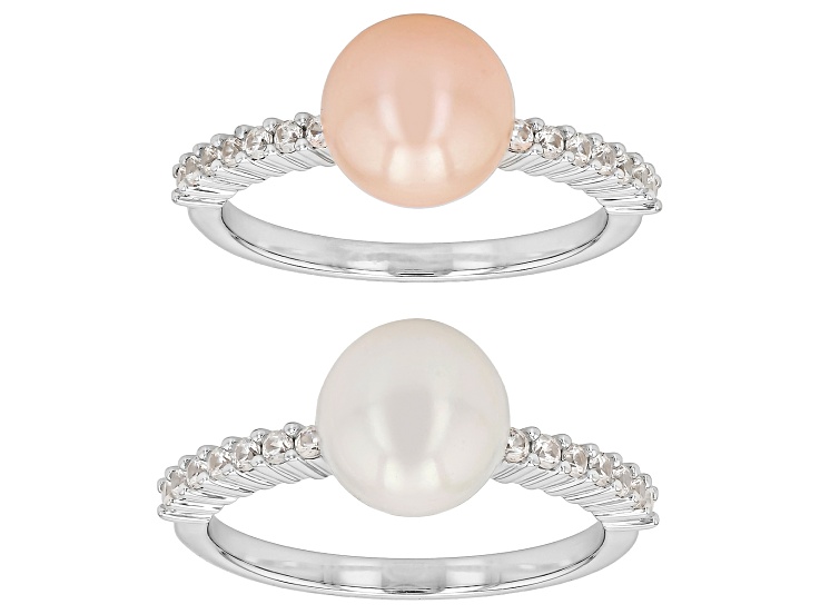 Peach and White Cultured Freshwater Pearl with White Zircon Rhodium Over Silver Ring set of 2