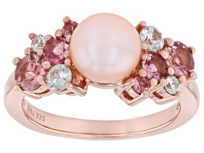 Peach Cultured Freshwater Pearl with Tourmaline and Zircon 18K Rose Gold Over Silver Ring