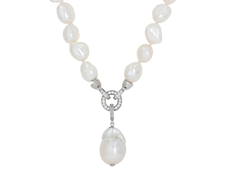 White Cultured Freshwater Pearl Rhodium Over Sterling Silver 20 Inch Strand Necklace