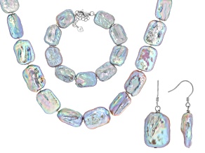 Platinum Cultured Freshwater Pearl Rhodium Over Sterling Silver Necklace, Bracelet and Earrings set