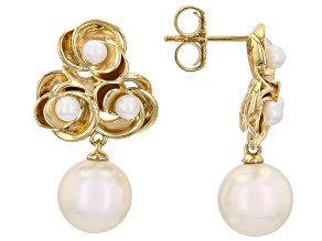 White Cultured Freshwater Pearl 18K Yellow Gold Over Silver Earrings