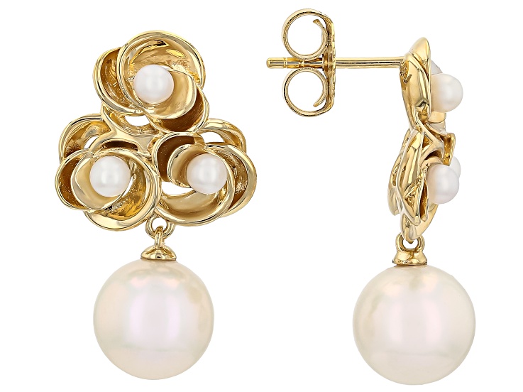 White Cultured Freshwater Pearl 18K Yellow Gold Over Silver Earrings