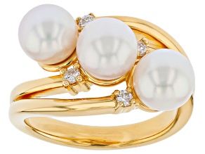 White Cultured Japanese Akoya Pearl with White Lab Grown Diamond 18K Yellow Gold Over Silver Ring