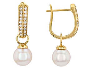 White Cultured Japanese Akoya Pearl with Lab Grown Diamonds 18K Yellow Gold Over Silver Earrings