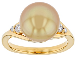 Golden Cultured South Sea Pearl with White Lab Grown Diamond 18K Yellow Gold Over Silver Ring