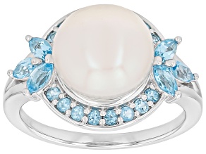 White Cultured Freshwater Pearl with 0.81ctw Swiss Blue Topaz Rhodium Over Sterling Silver Ring