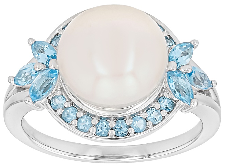 White Cultured Freshwater Pearl with 0.81ctw Swiss Blue Topaz Rhodium Over Sterling Silver Ring