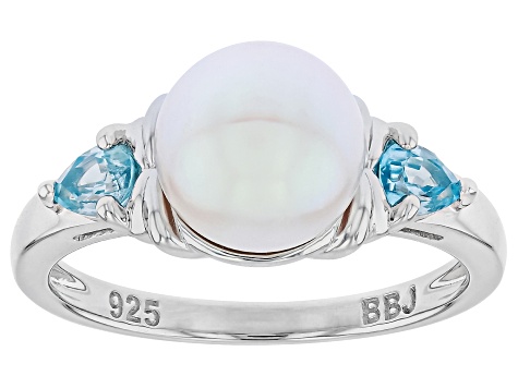 White Cultured Japanese Akoya Pearl with Blue Zircon Rhodium Over Sterling Silver Ring