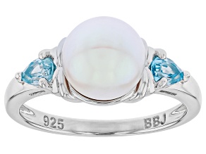 White Cultured Japanese Akoya Pearl with Blue Zircon Rhodium Over Sterling Silver Ring