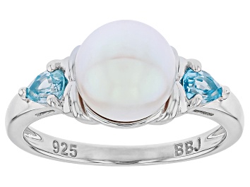Picture of White Cultured Japanese Akoya Pearl with Blue Zircon Rhodium Over Sterling Silver Ring