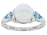 White Cultured Japanese Akoya Pearl with Blue Zircon Rhodium Over Sterling Silver Ring