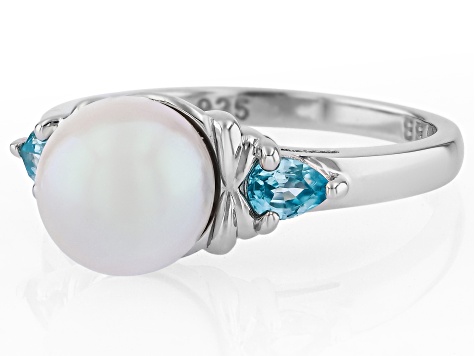 White Cultured Japanese Akoya Pearl with Blue Zircon Rhodium Over Sterling Silver Ring