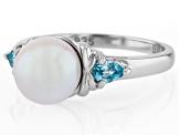 White Cultured Japanese Akoya Pearl with Blue Zircon Rhodium Over Sterling Silver Ring