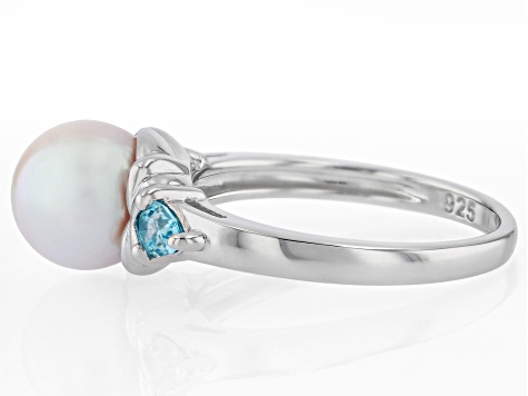 White Cultured Japanese Akoya Pearl with Blue Zircon Rhodium Over Sterling Silver Ring