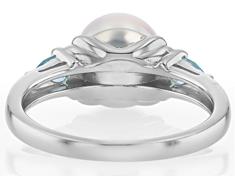 White Cultured Japanese Akoya Pearl with Blue Zircon Rhodium Over Sterling Silver Ring