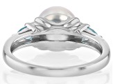 White Cultured Japanese Akoya Pearl with Blue Zircon Rhodium Over Sterling Silver Ring
