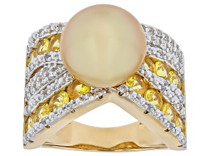 Golden Cultured South Sea Pearl with Yellow Sapphire and Zircon 18K Yellow Gold Over Silver Ring