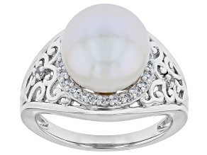 White Cultured Freshwater Pearl with White Zircon Rhodium Over Silver Ring 0.36ctw