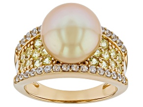 Golden Cultured South Sea Pearl with 1.74Ctw Sapphire and Zircon 18K Yellow Gold Over Silver Ring