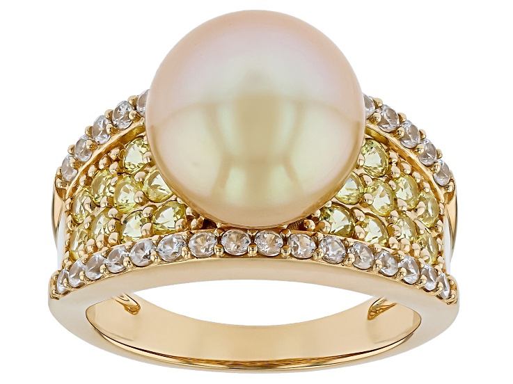Golden Cultured South Sea Pearl with 1.74Ctw Sapphire and Zircon 18K Yellow Gold Over Silver Ring