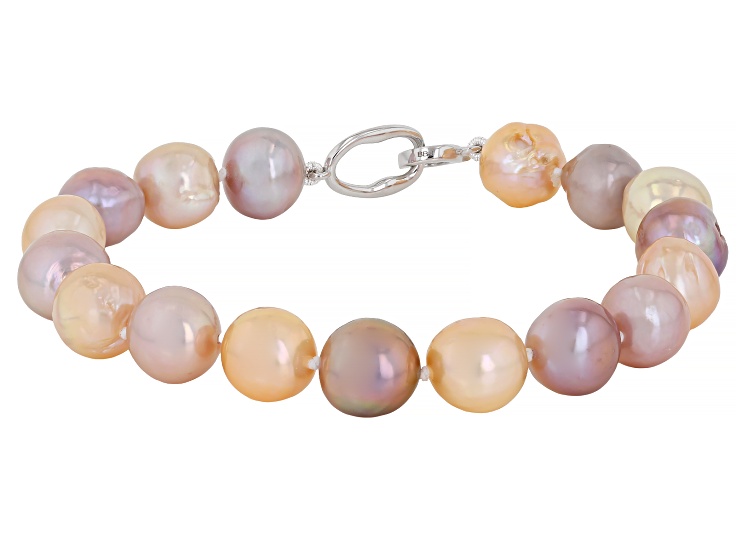 Pink Cultured Freshwater Pearl Rhodium Over Sterling Silver Bracelet
