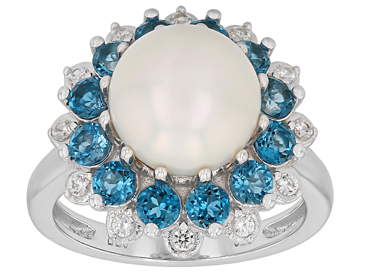 White Cultured Freshwater Pearl with London Blue Topaz & Zircon Rhodium Over Silver Ring