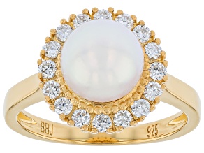 White Cultured Japanese Akoya Pearl with Lab Grown Diamond 18K Yellow Gold Over Silver Ring