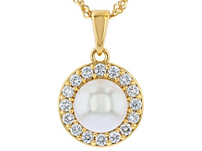 White Cultured Japanese Akoya Pearl & Lab Grown Diamond 18K Gold Over Silver Pendant With Chain