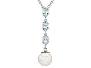 White Cultured Freshwater Pearl with Aquamarine Rhodium Over Silver Pendant with Chain