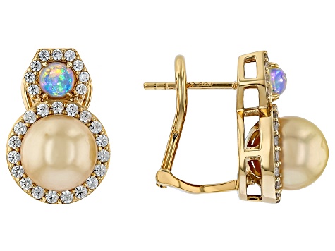 Golden Cultured South Sea Pearl with Ethiopian Opal & White Zircon 18K Gold Over Silver Earrings