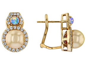Golden Cultured South Sea Pearl with Ethiopian Opal & White Zircon 18K Gold Over Silver Earrings