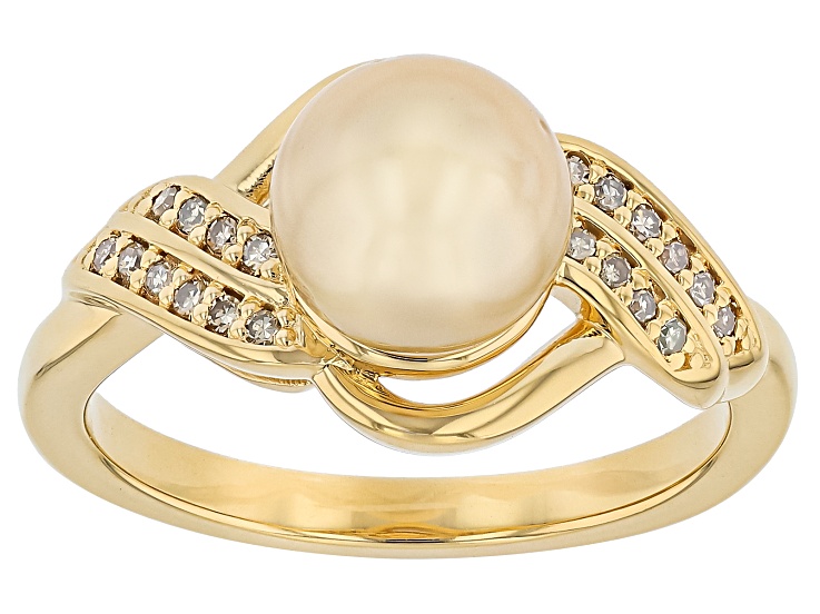 Golden Cultured South Sea Pearl with Champagne Diamond 18K Yellow Gold Over Sterling Silver Ring