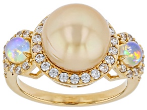 Golden Cultured South Sea Pearl with Ethiopian Opal & White Zircon 18K Yellow Gold Over Silver Ring