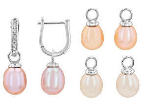 White, Lavender and Peach Cultured Fresh Water Pearl with Zircon Rhodium Over Silver Earrings Set