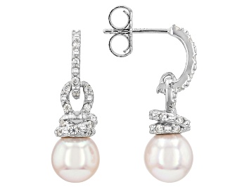 Picture of White Cultured Japanese Akoya Pearl with White Moissanite Rhodium Over Sterling Silver Earrings