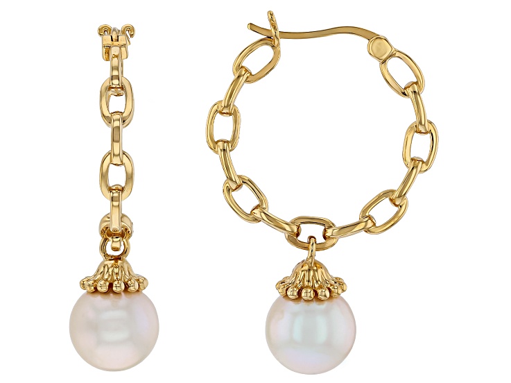 White Cultured Freshwater Pearl 18K Yellow Gold Over Sterling Silver Earrings