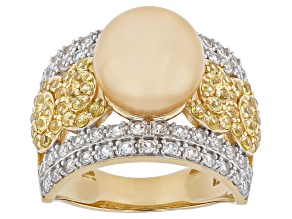Golden Cultured South Sea Pearl with Yellow Sapphire & White Zircon 18K Yellow Gold Over Silver Ring