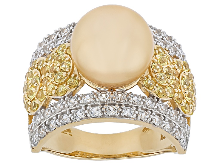 Golden Cultured South Sea Pearl with Yellow Sapphire & White Zircon 18K Yellow Gold Over Silver Ring