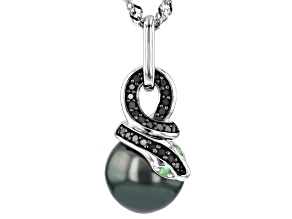 Black Cultured Tahitian Pearl with Tsavorite and Diamond Rhodium Over Silver Pendant with Chain