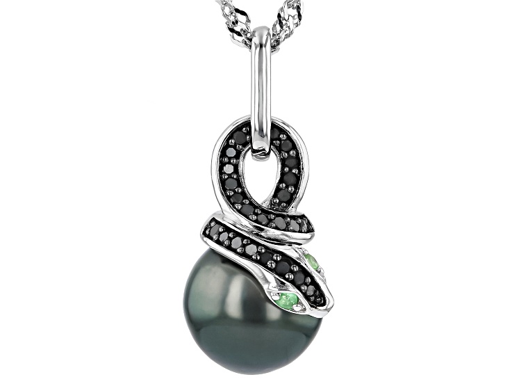 Black Cultured Tahitian Pearl with Tsavorite and Diamond Rhodium Over Silver Pendant with Chain