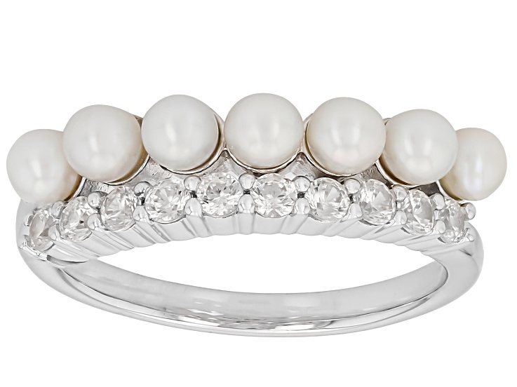 White Cultured Fresh Water Bitsy Pearl With White Zircon Rhodium Over Sterling Silver Ring