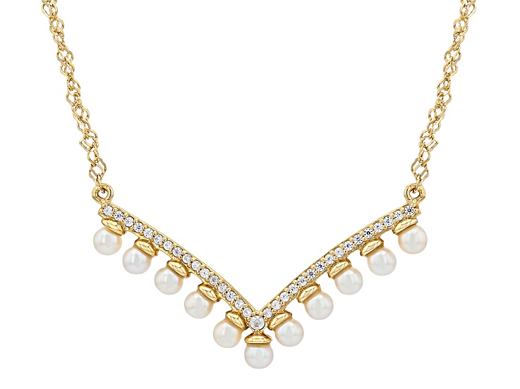 White Cultured Fresh Water Pearl with White Zircon 18K Yellow Gold Over Sterling Silver Necklace