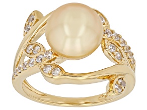 Golden Cultured South Sea Pearl with White Zircon 18K Yellow Gold Over Sterling Silver Ring 0.60ctw