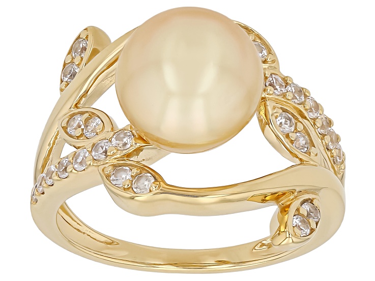 Golden Cultured South Sea Pearl with White Zircon 18K Yellow Gold Over Sterling Silver Ring 0.60ctw