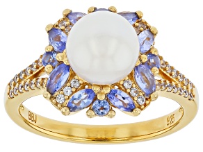 White Cultured Japanese Akoya Pearl with Blue Tanzanite & Zircon 18k Yellow Gold Over Silver Ring