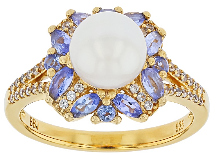 White Cultured Japanese Akoya Pearl with Blue Tanzanite & Zircon 18k Yellow Gold Over Silver Ring