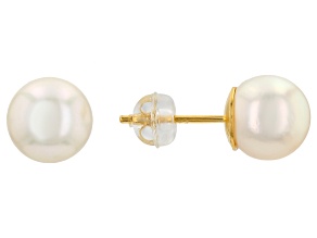 White Cultured Akoya Pearl 18k Yellow Gold Over Sterling Silver Stud Earrings