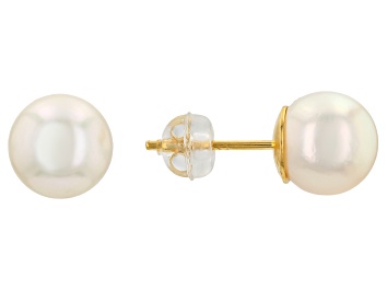 Picture of White Cultured Akoya Pearl 18k Yellow Gold Over Sterling Silver Stud Earrings