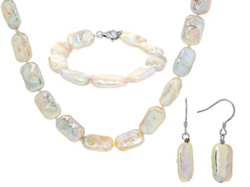 Picture of White Cultured Freshwater Pearl Rhodium Over Sterling Silver Necklace, Bracelet & Earrings Set