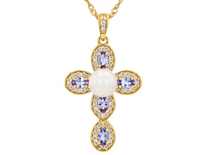 White Cultured Japanese Akoya Pearl 18K Yellow Gold Over Sterling Silver Pendant with Chain